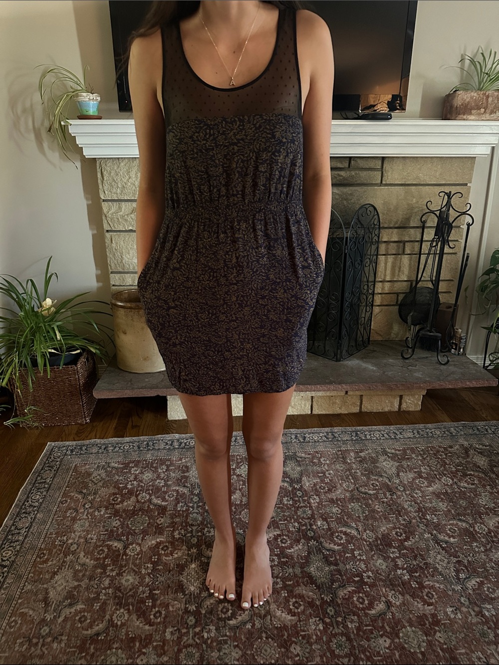 Mauve Sheer Yoke Sleeveless Mini Dress in Navy and Gold
